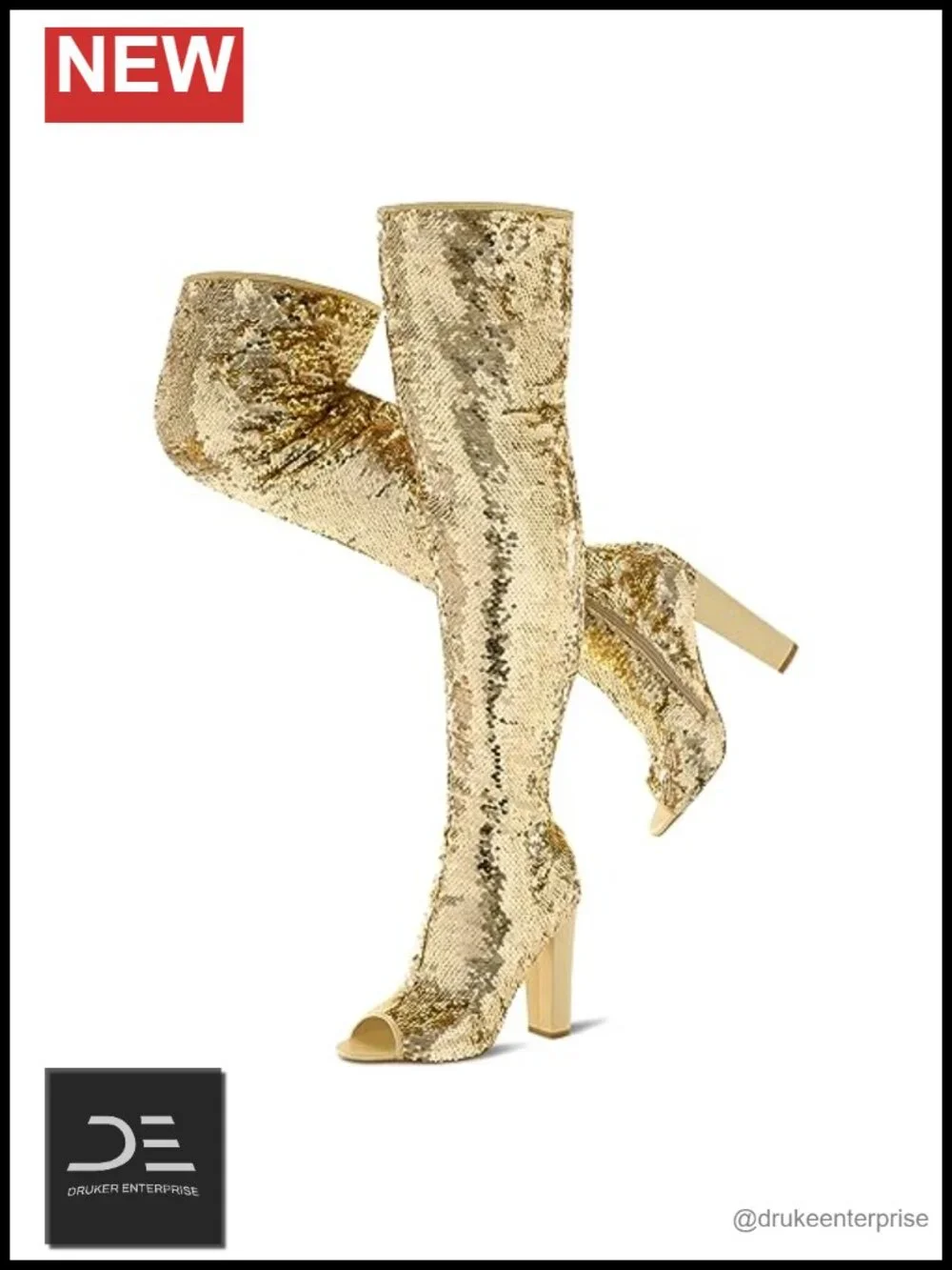 Sparkly Sequin Thigh High Boots Women Over The Knee Chunky Heel Party